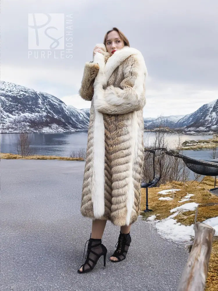 Long coyote fur coat with white fox trim and shawl collar, wide open sides