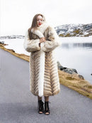 Long coyote fur coat with white fox collar trim, open front, soft striped fur texture