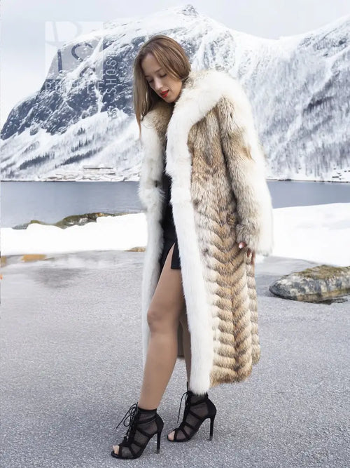 Coyote fur coat with white fox trim shawl collar, fitted side shape, long length