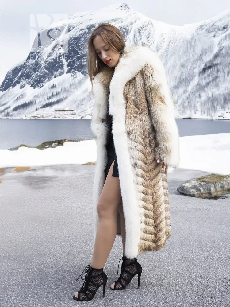 Coyote fur coat with white fox trim shawl collar, fitted side shape, long length