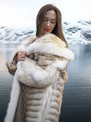 Coyote fur coat with white fox trim, shawl collar, close-up of light tan fur texture