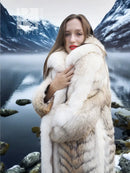 Coyote fur coat close-up with white fox shawl collar and plush beige fur panels