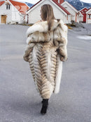 Coyote fur coat with white fox trim, shawl collar, full-length, light tan and cream
