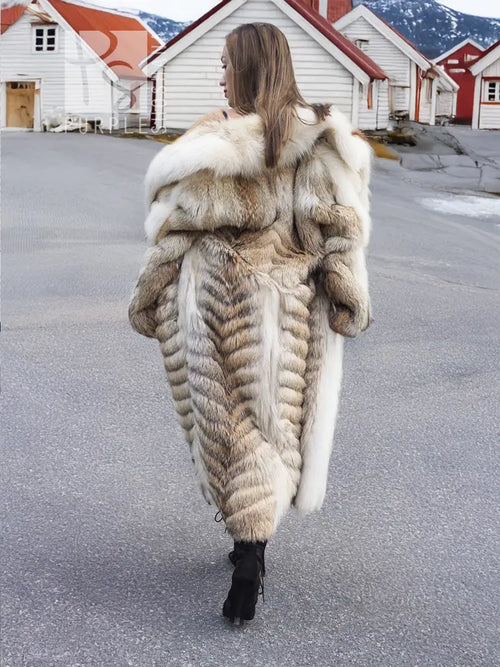 Coyote fur coat with white fox trim, shawl collar, full-length, light tan and cream