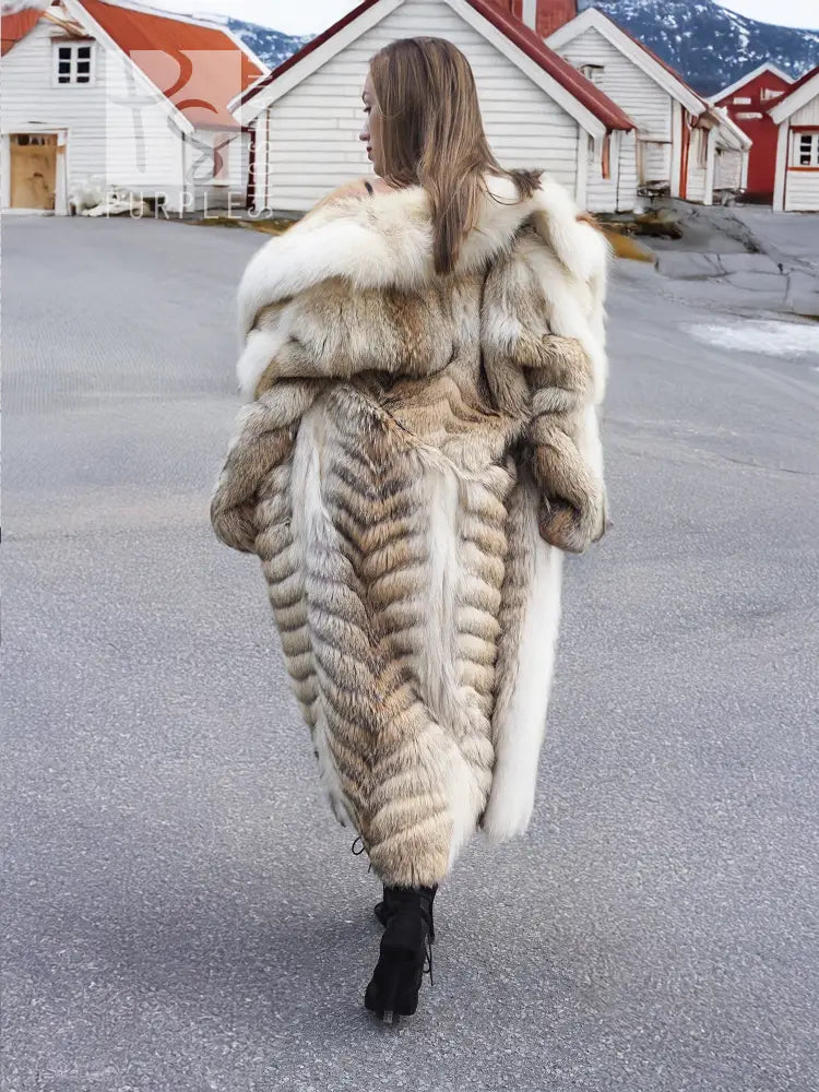 Coyote fur coat with white fox trim, shawl collar, full-length, light tan and cream