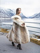 Coyote fur coat with white fox trim, shawl collar, swing silhouette, tan with cream trim