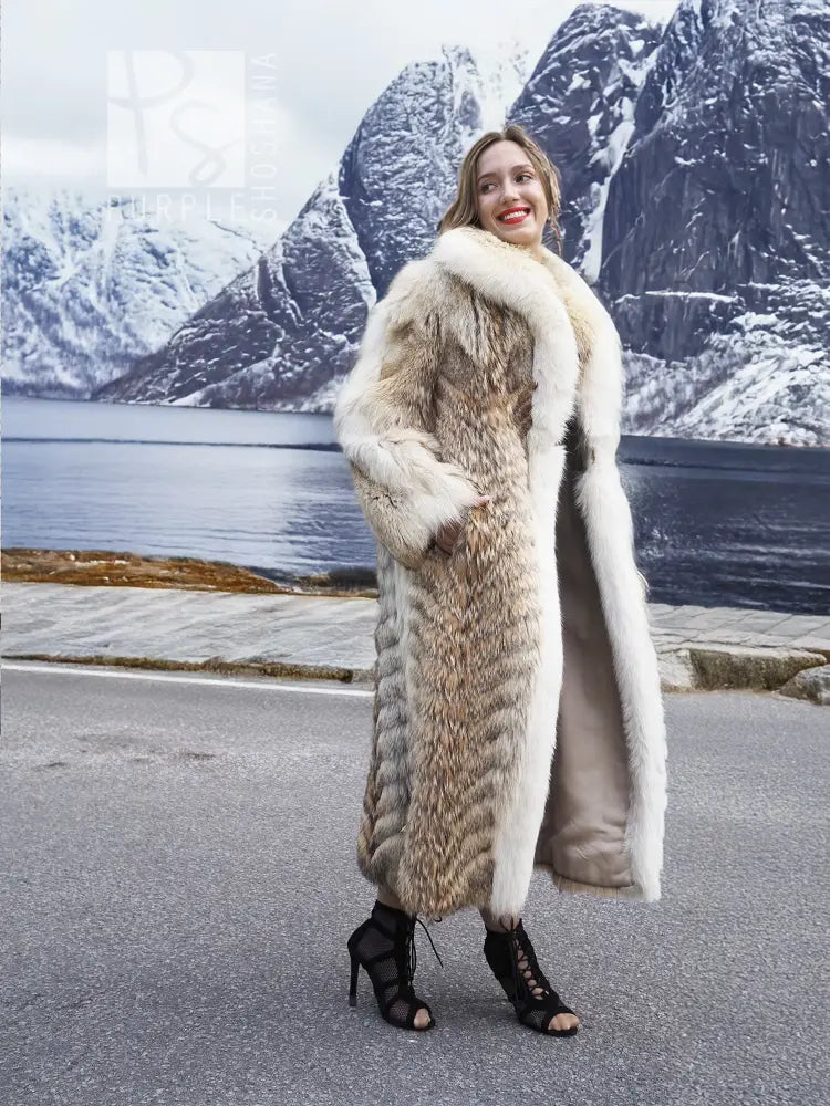 Coyote fur coat with white fox trim shawl collar, long sleeves, open front drape