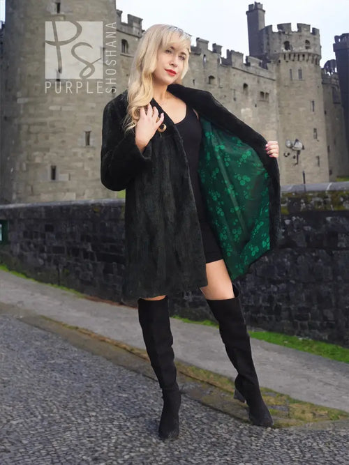 Dark green beaver jacket front view with open front, structured collar, and long sleeves