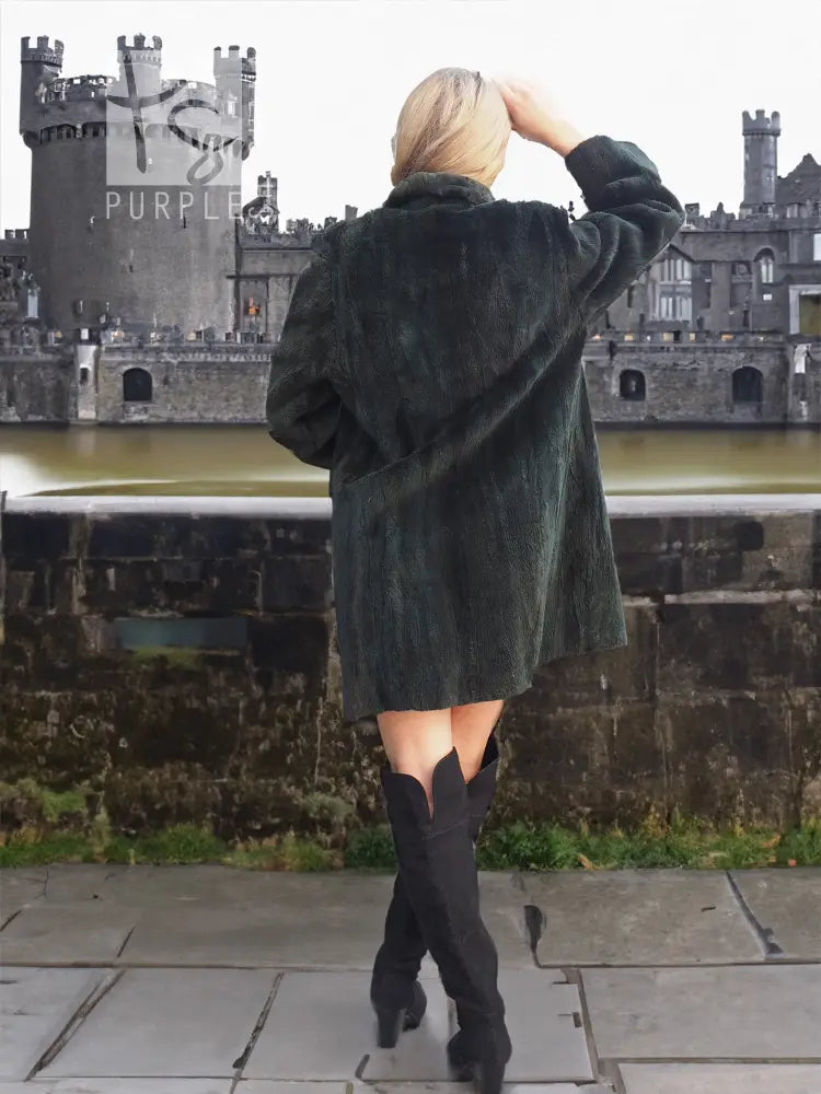 Dark sheared beaver jacket from back view, long sleeves and straight A-line cut.