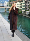 Dark brown mink fur coat with stand collar and long sleeves, mid-calf length