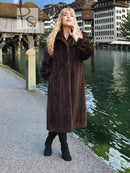 Dark brown mink fur coat with stand collar and button placket, front view