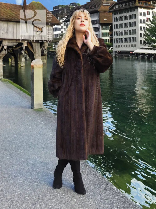 Dark brown mink fur coat with stand collar and button placket, front view