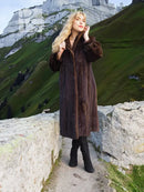 Dark brown mink fur coat with high collar, straight hem, long sleeves