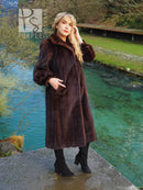 Long dark mahogany-brown mink fur coat with plush texture and side pockets.