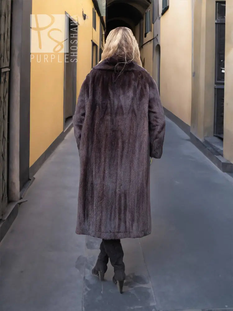 Back view: dark mink fur coat with notched collar, long sleeves, knee length, button-front