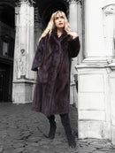Dark mink fur coat with notched collar, button-front, three-quarter sleeves, knee length