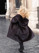 Dark mink fur coat with hood and wide collar, black, long sleeves
