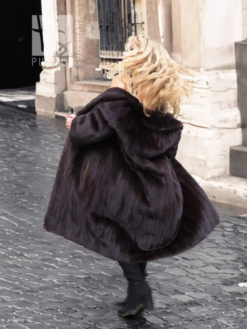 Dark mink fur coat with hood and wide collar, black, long sleeves