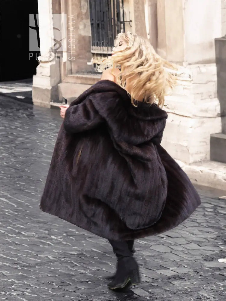 Dark mink fur coat with hood and wide collar, black, long sleeves