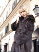Dark mink fur coat with notched collar and button front, front view.
