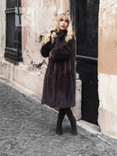 Dark mink fur coat, notched collar, button-front closure, long sleeves, knee length