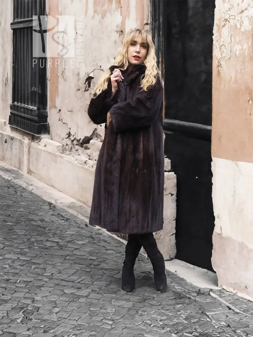 Dark mink fur coat, notched collar, button-front closure, long sleeves, knee length