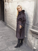 Dark mink fur coat with notched collar, long sleeves, front button details.