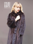 Dark mink fur coat with notched collar, long sleeves, button front, knee length.
