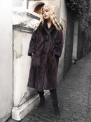 Dark mink fur coat with notched collar, long sleeves, button-front, knee length