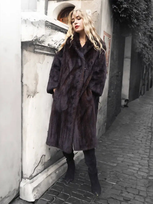 Dark mink fur coat with notched collar, long sleeves, button-front, knee length