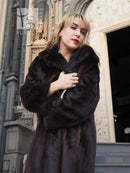 Mink coat with notched collar and front button detail, dark tone, front view