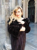 Black mink fur coat with fox notch collar, close-up of raised fur texture