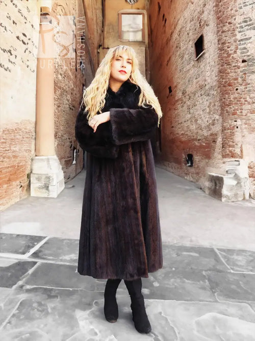 Black mink fur coat with black fox notch collar, belted long length and wide cuffs