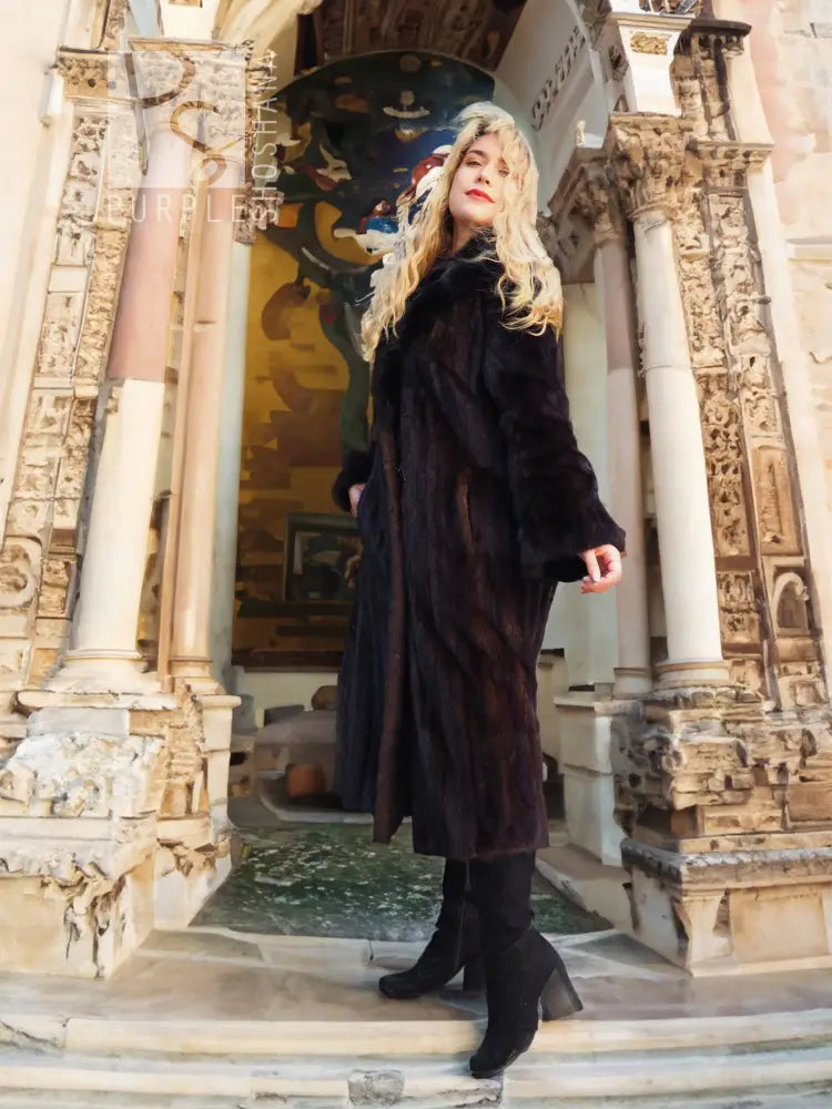 Dark Ranch Black Mink Coat With Black fox Notch Collar M/L