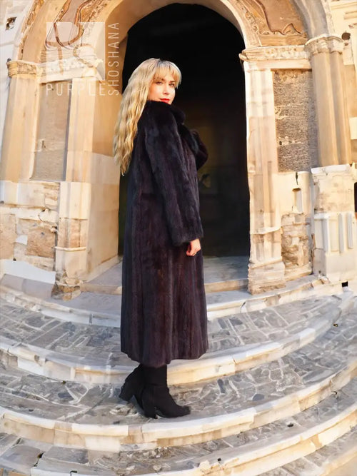 Black mink fur coat with fox notch collar, full-length coat with straight hem