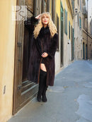 Black mink fur coat with black fox notch collar, open front and long draped sleeves