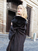 Black mink fur coat with thick hooded look and dark fox notch collar, long sleeves