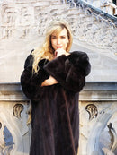 Black mink coat close-up with dark fur collar framing the neck, button front
