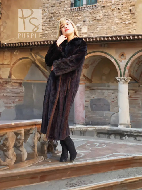 Black mink long coat with dark fur notch collar, button front, wide sleeves