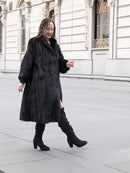 Black mink fur coat, mid-length with buttonless front and long sleeves
