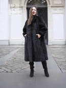Black mink fur coat with high collar, long sleeves, mid-calf length