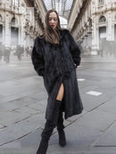Black mink fur coat with long sleeves, open front, thigh slit detail