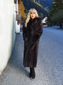 Black mink fur coat with hood, front view standing in long length.