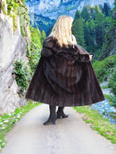 Black mink fur coat with hooded collar, A-line swing silhouette