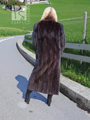 Black mink fur coat with hood, back view featuring long sleeves and hem.