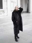 Black mink fur coat jacket with long sleeves and open front, standing front view.