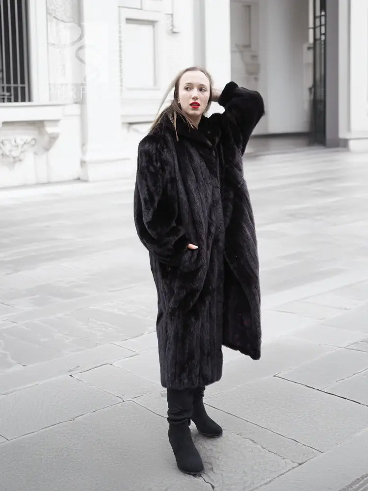 Black mink fur coat jacket with long sleeves and open front, standing front view.