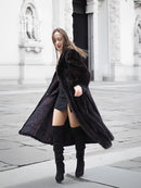 Dark fur coat jacket with wide sleeves and open front, flared hem