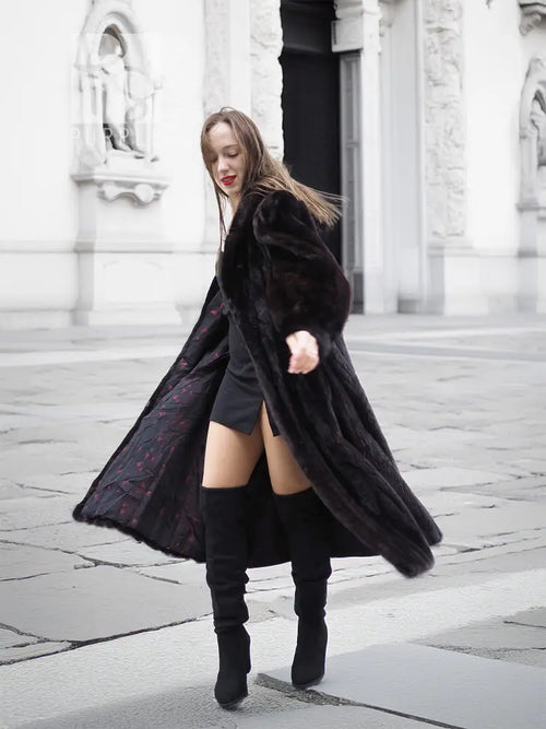 Dark fur coat jacket with wide sleeves and open front, flared hem