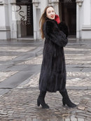 Black mink fur coat with draped front and deep cuffed sleeves